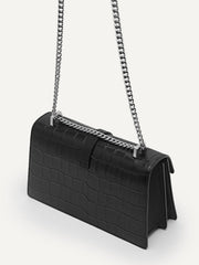 PEDR* - Leather Croc-Effect Shoulder Bag - Black-ON SALE