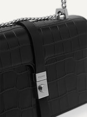 PEDR* - Leather Croc-Effect Shoulder Bag - Black-ON SALE