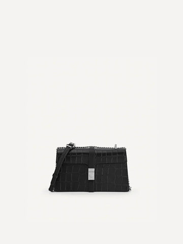 PEDR* - Leather Croc-Effect Shoulder Bag - Black-ON SALE