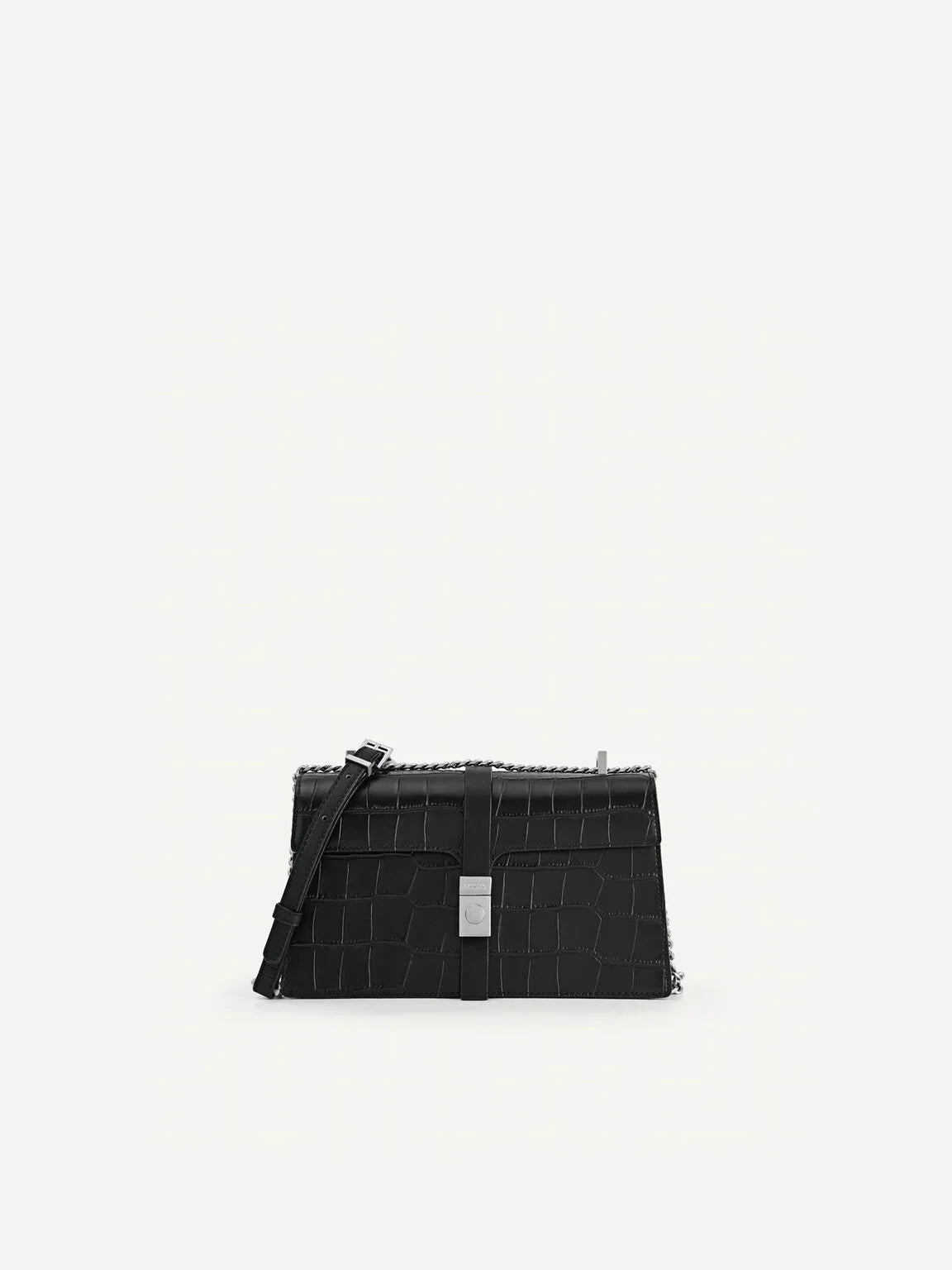 PEDR* - Leather Croc-Effect Shoulder Bag - Black-ON SALE