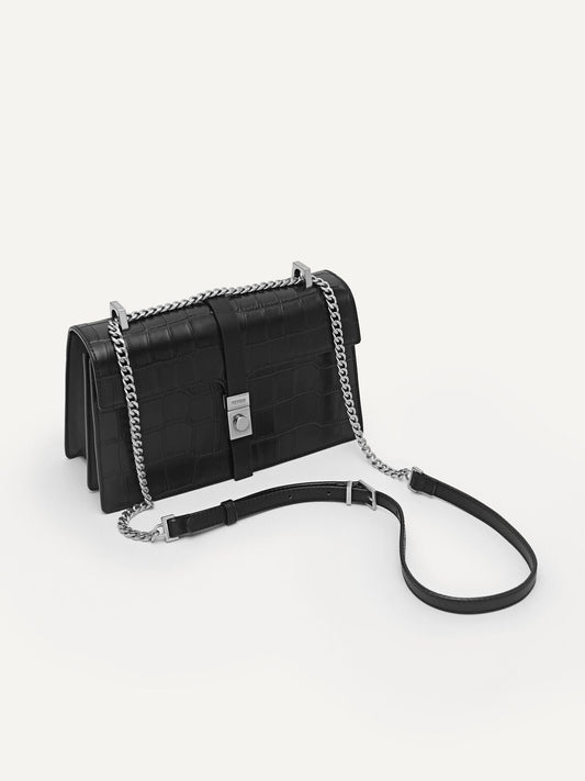 PEDR* - Leather Croc-Effect Shoulder Bag - Black-ON SALE