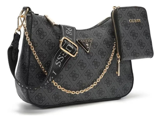 Gues* - Noelle Black Shoulder Bag-CHARCOAL LOGO